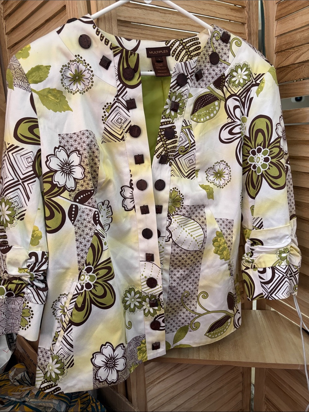 Multiples Lime & Brown Floral Patchwork Button Jacket Large